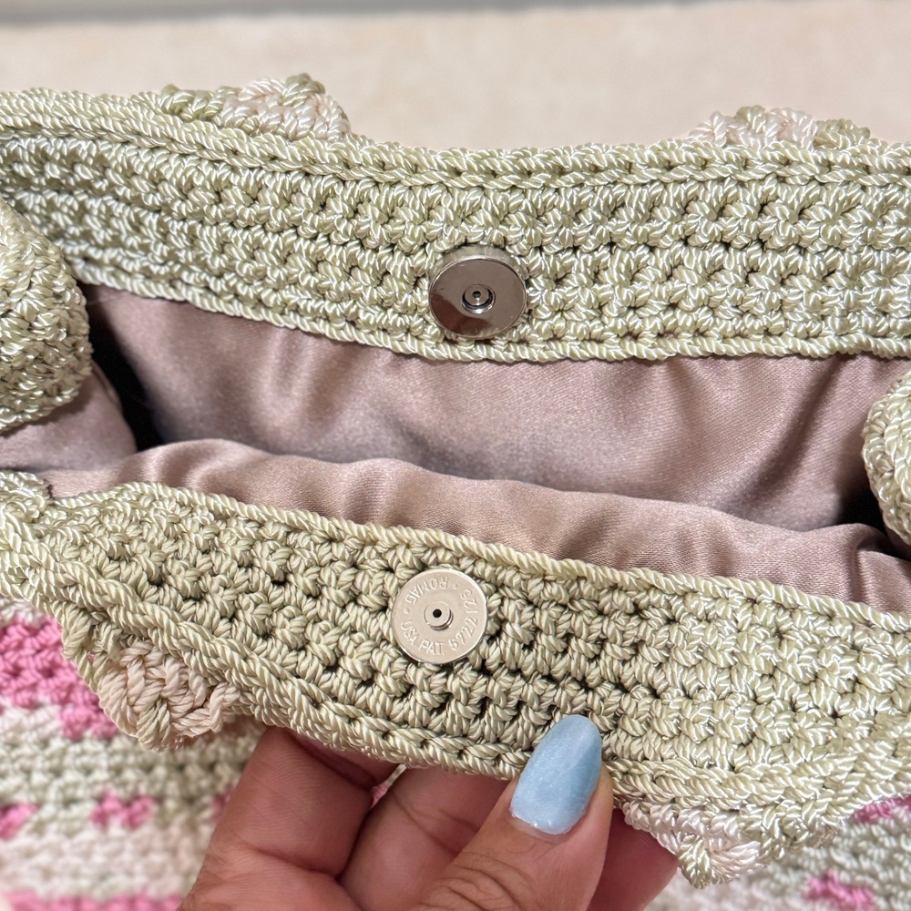 Brigit-Mary Pink Beige Crochet Floral Top Handle Satchel Handbag Knit Purse - Picture 4 of 10